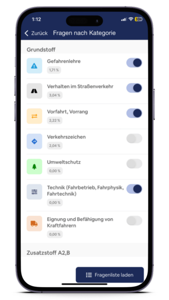 Führerschein.live Führerscheinapp Menüpunkt Kategorien